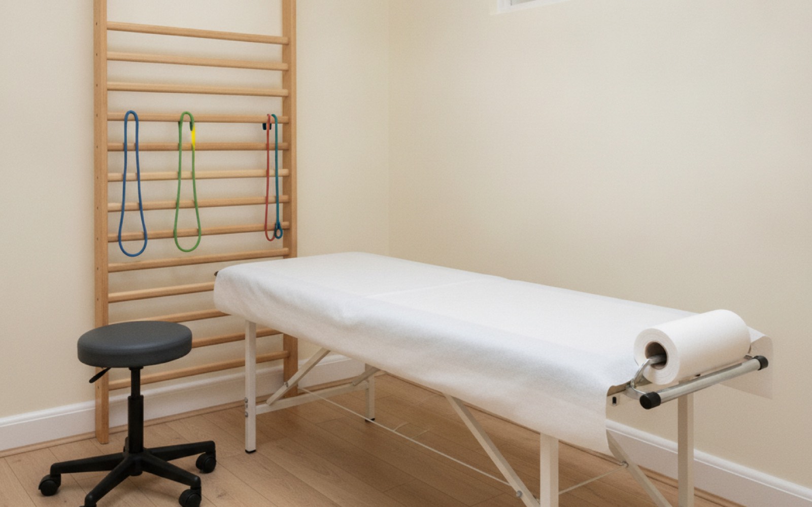A treatment room at Larkstone Physiotherapy with a couch, wall bars and resistance bands